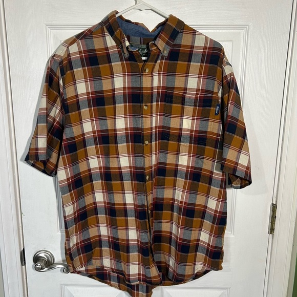 Woolrich Men's Size Large Button Up Shirt Brown Plaid Short Sleeve 100% Cotton - Picture 1 of 11